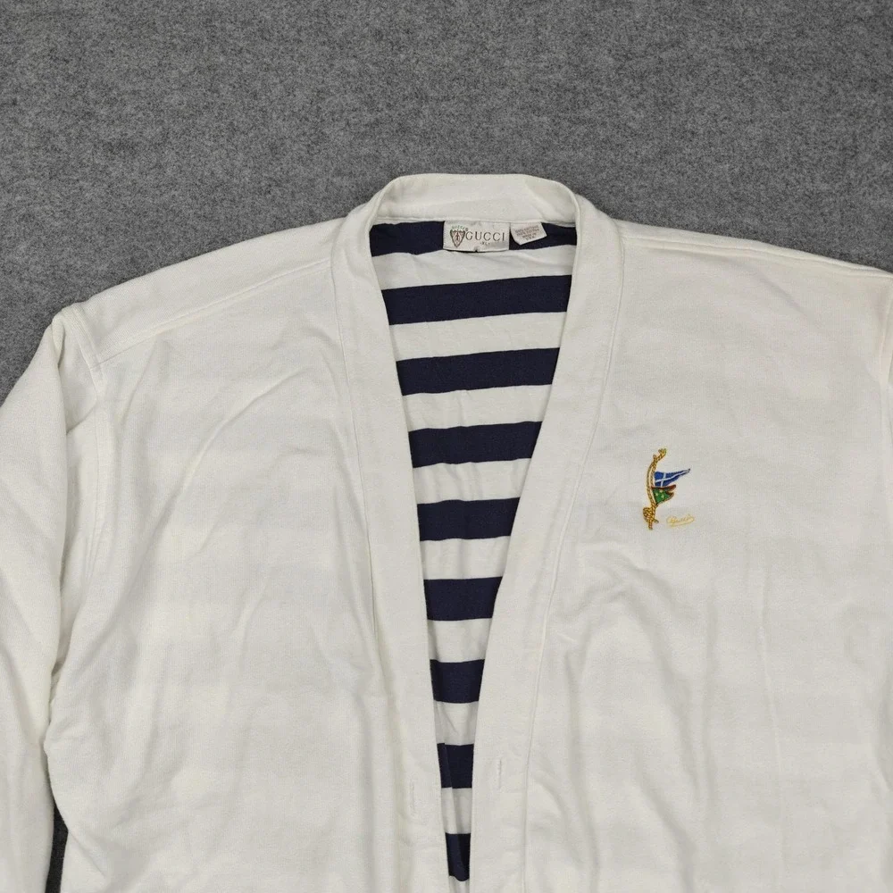 Vintage Gucci Sweater Mens XL White Nautical Striped Lined Knit Cardigan USA